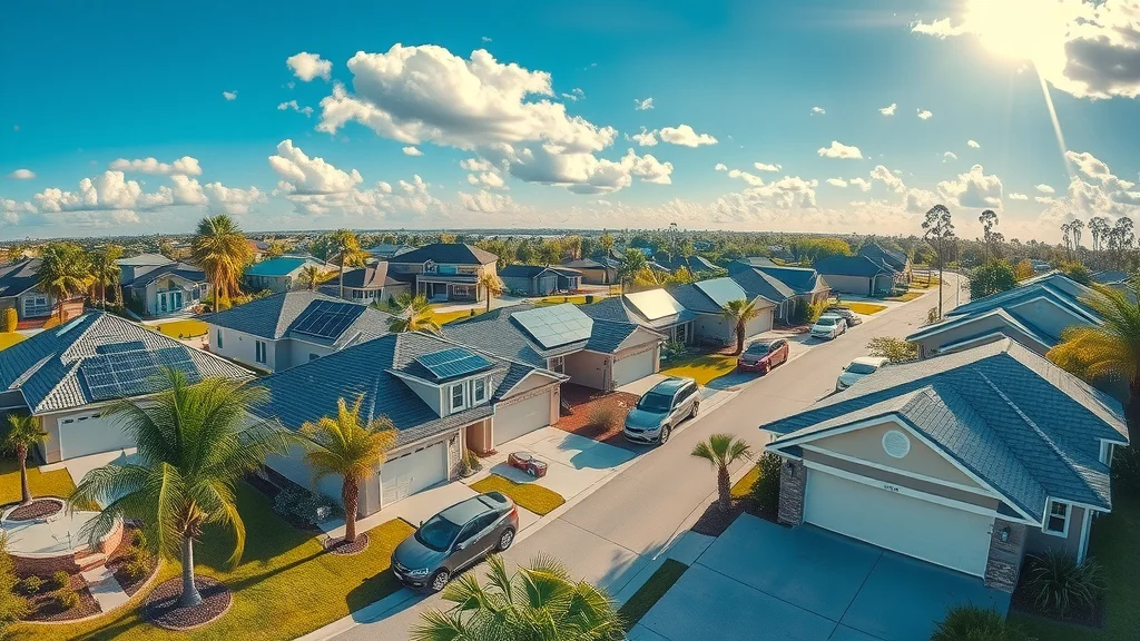 Florida neighborhood in Eustis with rooftop solar panels and palm trees - eustis solar panel companies