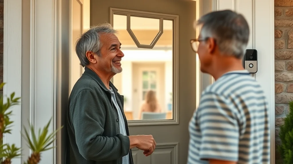 Eustis home entryway featuring integrated doorbell camera and security signage — resident interacts with guest through live video, smart home, warm sunlight, highly detailed.