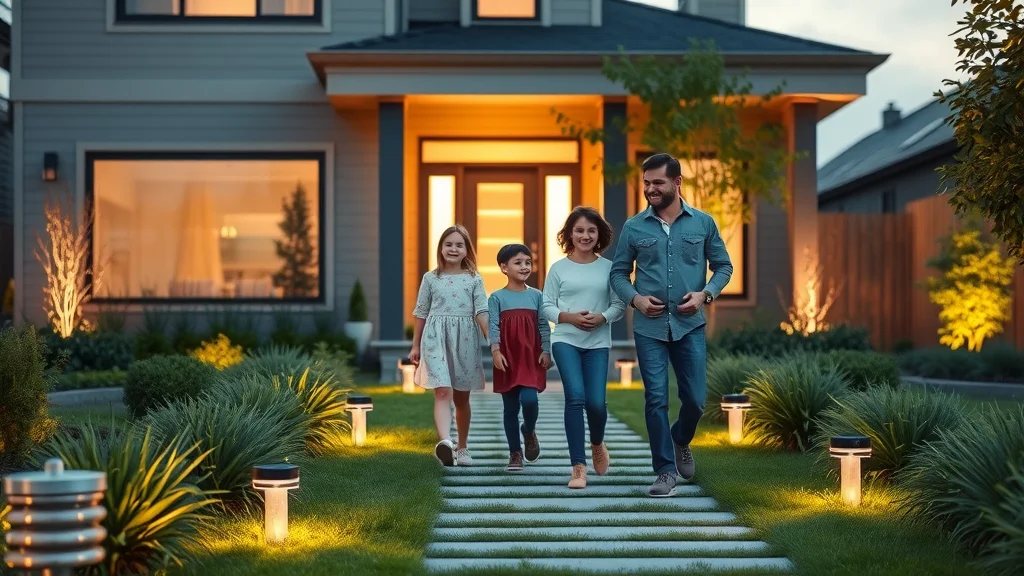 Modern residential home exterior with solar panel pathway lights and solar LED lighting, welcoming family walking up lit pathway, suburban solar lights, dusk setting, inviting garden.