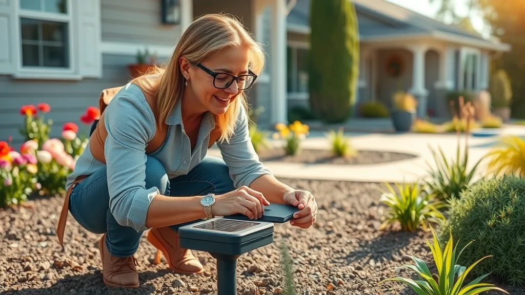 Homeowner installing solar garden light in sunny flowerbed for solar lighting installation with crisp midday shadows and vibrant garden colors