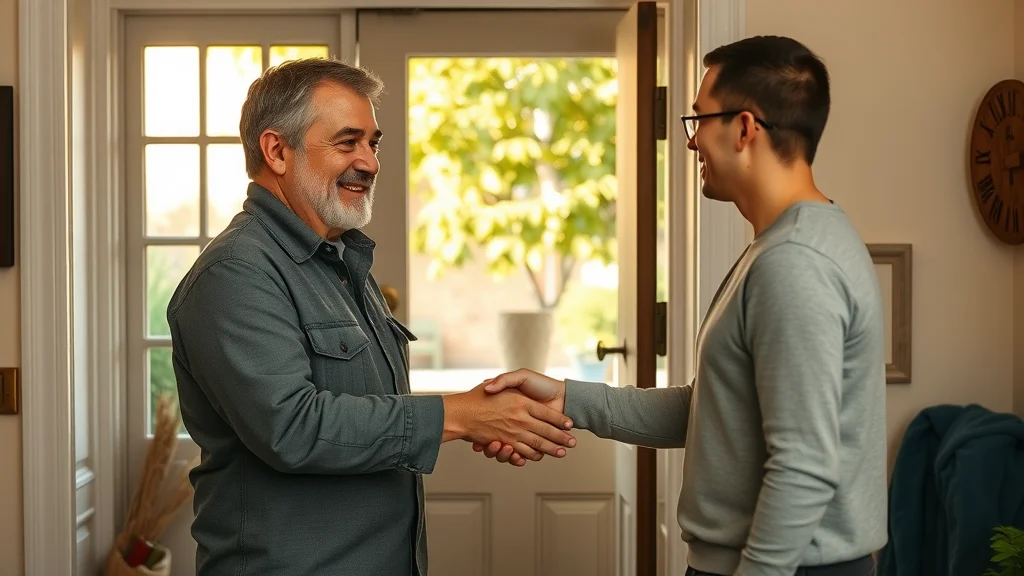 Locksmith Eustis emergency - Homeowner shaking hands with locksmith after successful emergency service by an open door.