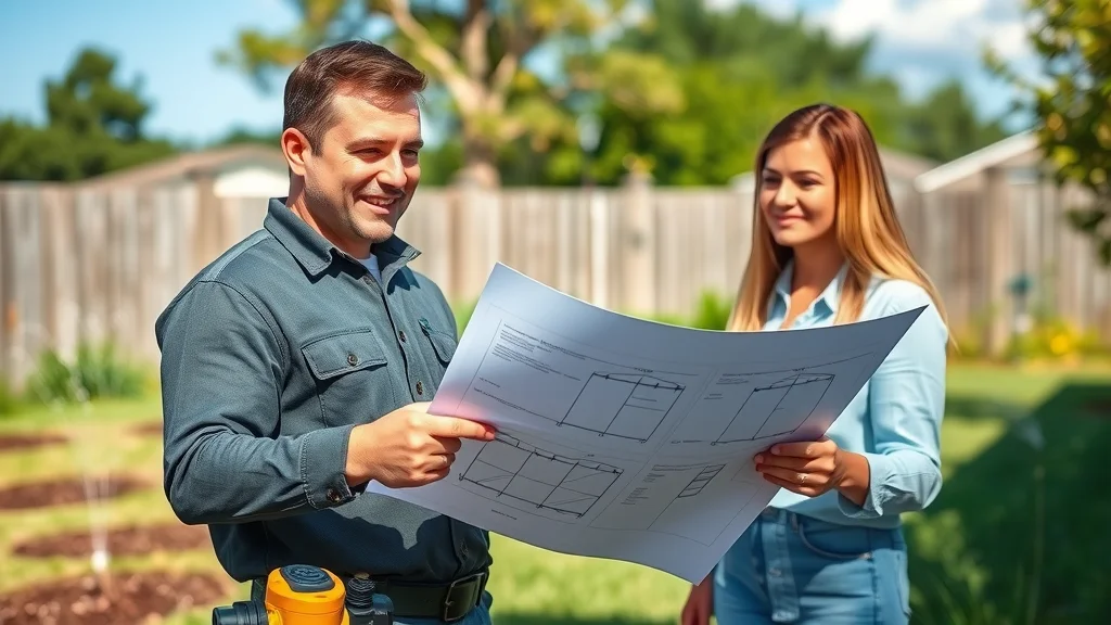 Sprinkler installation expert consulting with Eustis FL homeowner, holding blueprints, visible garden beds, photorealistic, no disfigured features