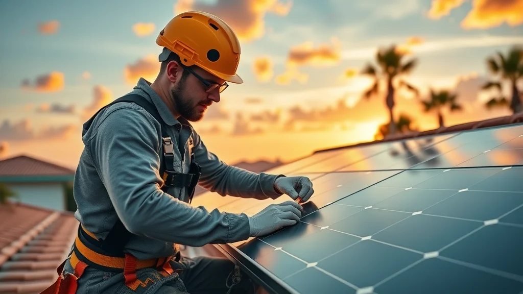 Technician performing maintenance on roof solar panels at sunset in Eustis Florida