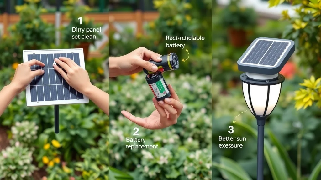 Diagram showing three common solar light issues: cleaning dirty panel, battery replacement, and relocating lamp for better sun exposure, set in a garden environment.