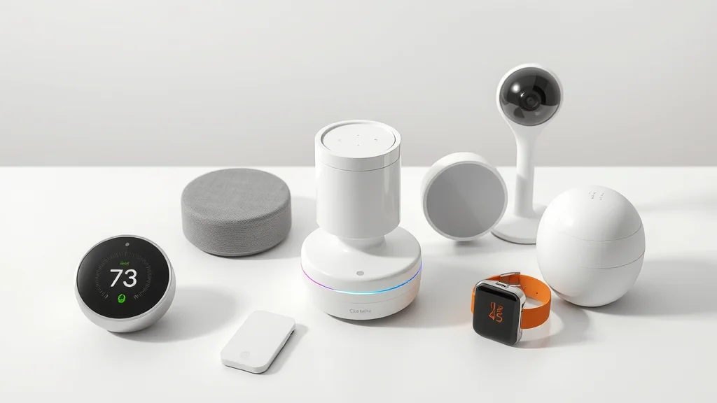 Top 5 compatible IoT devices on white table: thermostat, speaker, camera, light system, wearable in Eustis