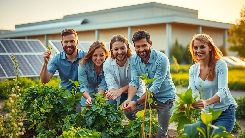 Commercial building with eco-conscious team planting greenery near solar panels, sustainability advantages, commercial solar panels eustis