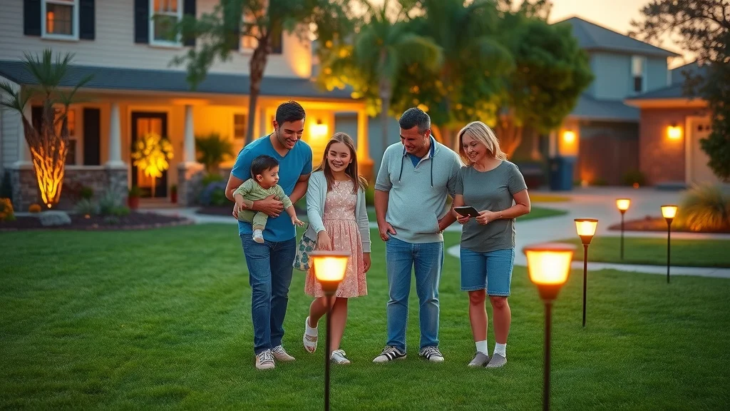 Inviting suburban front yard with solar garden lights Eustis, lush landscaping, glowing solar stakes along pathways.