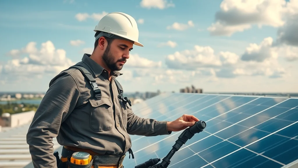 Maintenance technician inspecting clean solar panels on Eustis business rooftop, commercial solar panels eustis