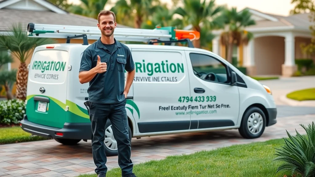Professional irrigation technician with branded service van. Reliable sprinkler repair service in Central Florida.
