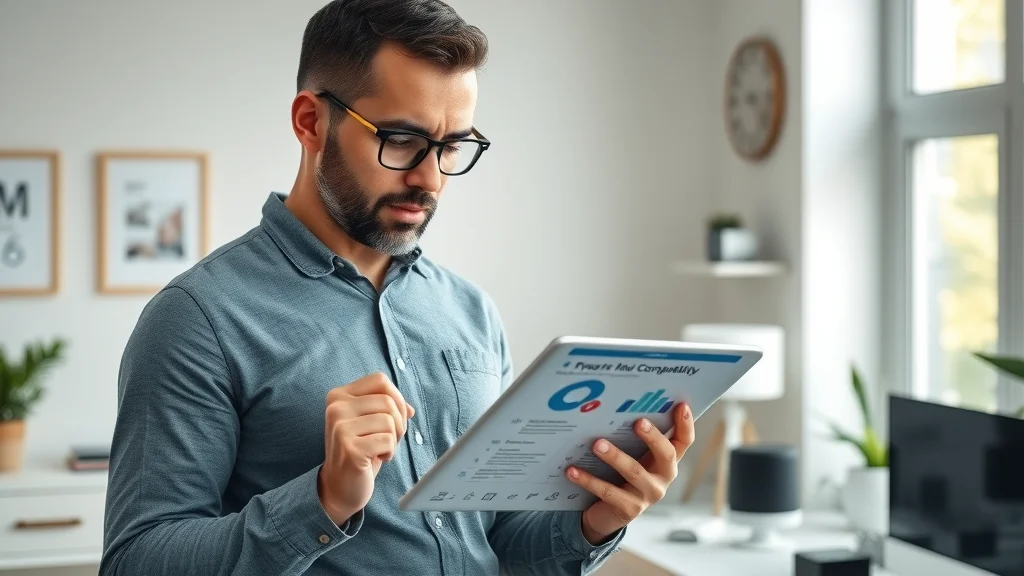 Homeowner reviewing compatibility chart on a tablet for smart home system compatibility Eustis, surrounded by modern sensors, cameras, and integration hubs in a well-organized home office