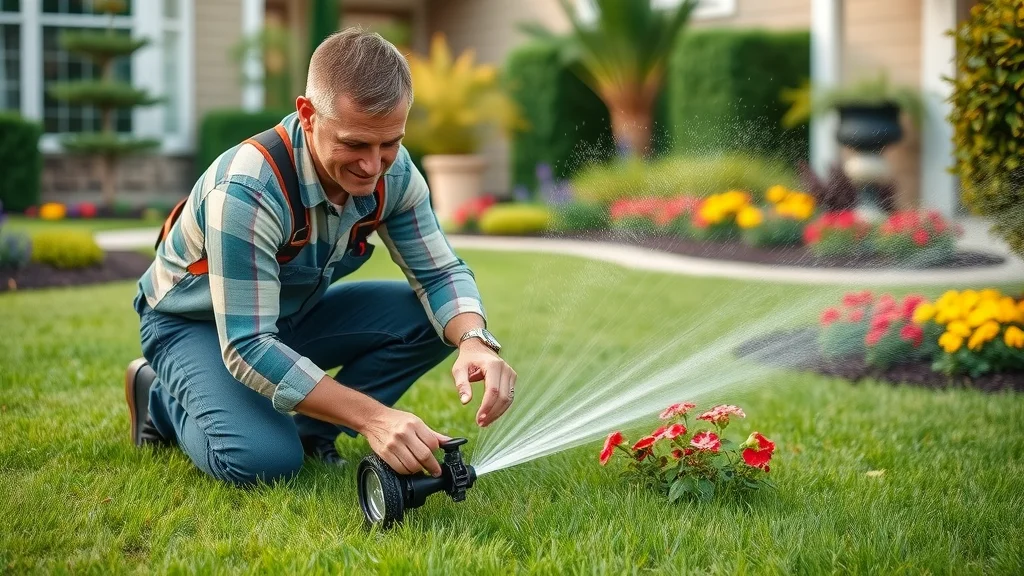Sprinkler repair technician adjusting sprinkler head in lush green backyard Eustis FL, sprinkler arcs over fresh flower beds