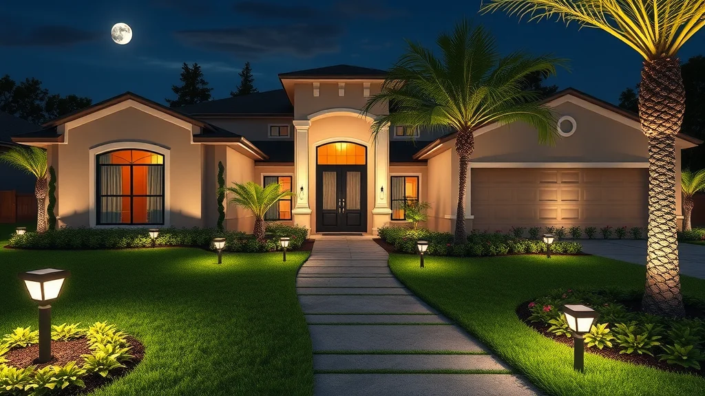 solar-powered lighting Eustis modern Central Florida home exterior at night with vibrant solar-powered garden lights, security, walkways, LED-lit landscaping