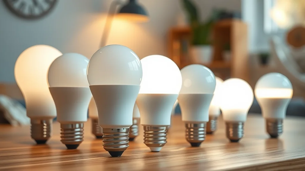 Close-up view of glowing LED bulbs of various shapes and color temperatures on a wooden tabletop, showcasing energy-saving benefits and sustainable lighting features.
