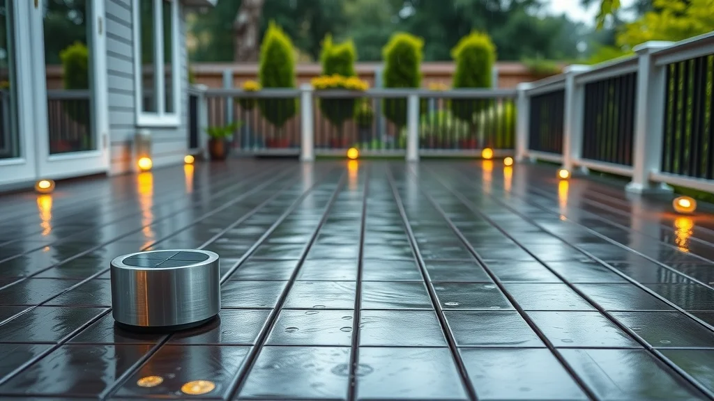 Sleek Eustis solar deck lights on a modern outdoor deck after rain, with water beading on waterproof surfaces, lights reflecting off wet wood, and a lush garden background.