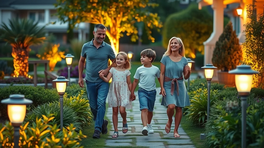 Happy family walking along an illuminated garden path, smiling and relaxed, surrounded by vibrant plants and pavers gently lit by Eustis solar lights at twilight.