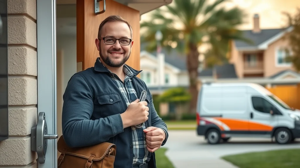 Affordable locksmith Eustis - Friendly local locksmith standing by a suburban doorway with a lock pick set and service van in the background.