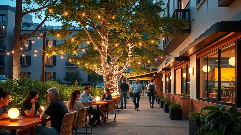 Lively commercial outdoor space with various solar-powered lighting illuminating a patio café and building façade, customers enjoying the ambient night lighting.