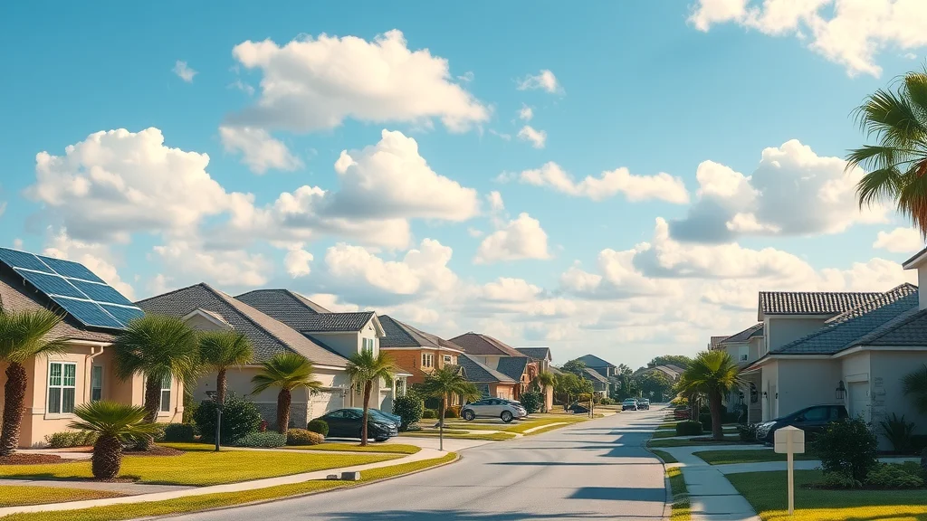 Vibrant residential neighborhood with modern solar panels on several rooftops and satisfied homeowners in Eustis, Florida