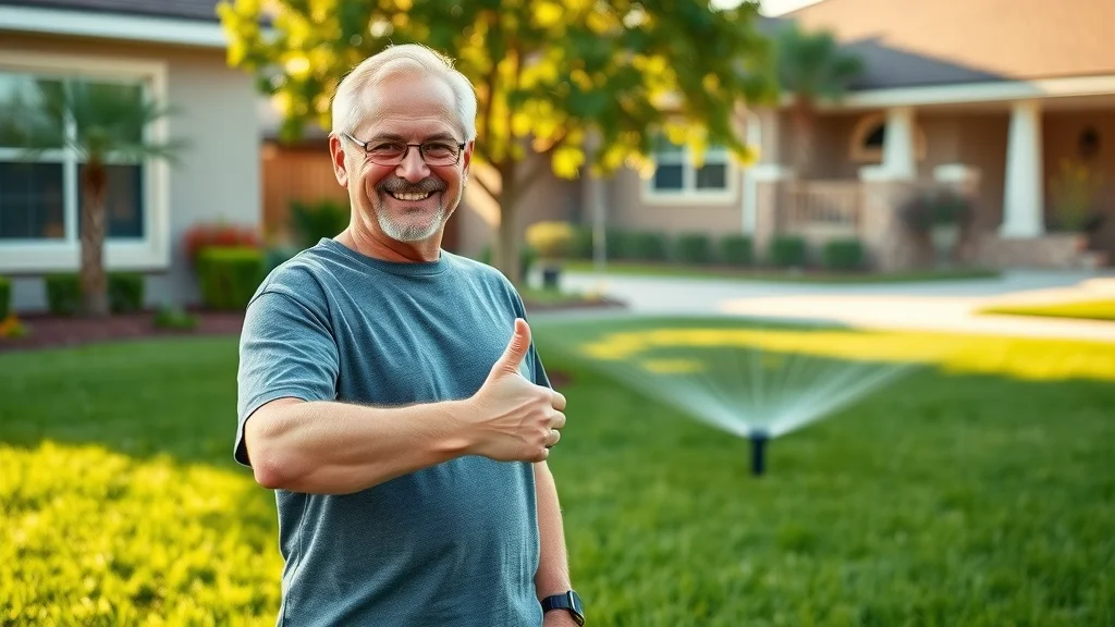 Satisfied Eustis homeowner with lush green lawn - giving a thumbs-up by a healthy yard, sprinkler system in the background