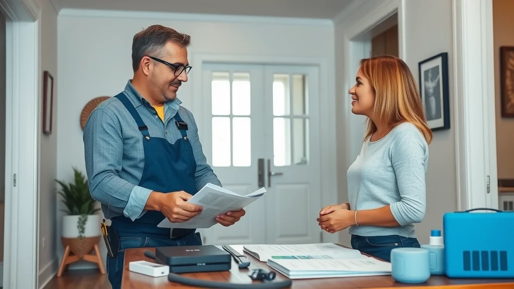 Professional installer demonstrating Eustis home automation system components to homeowner in a clean Eustis FL entryway, packaging and manuals visible.