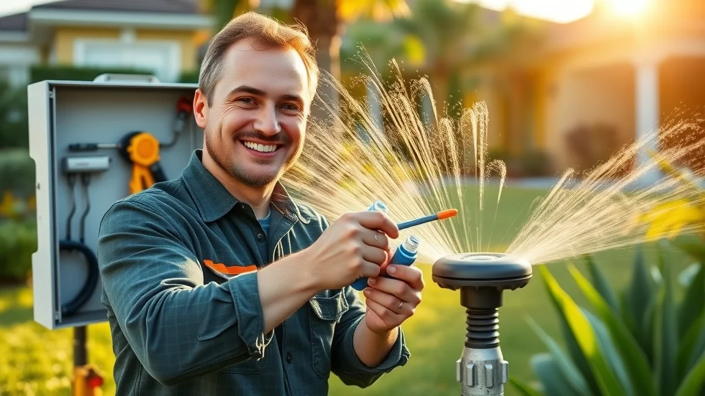 Eustis FL technician performing sprinkler repair and irrigation maintenance on sunny Florida lawn, adjusting head with screwdriver by lush green yard