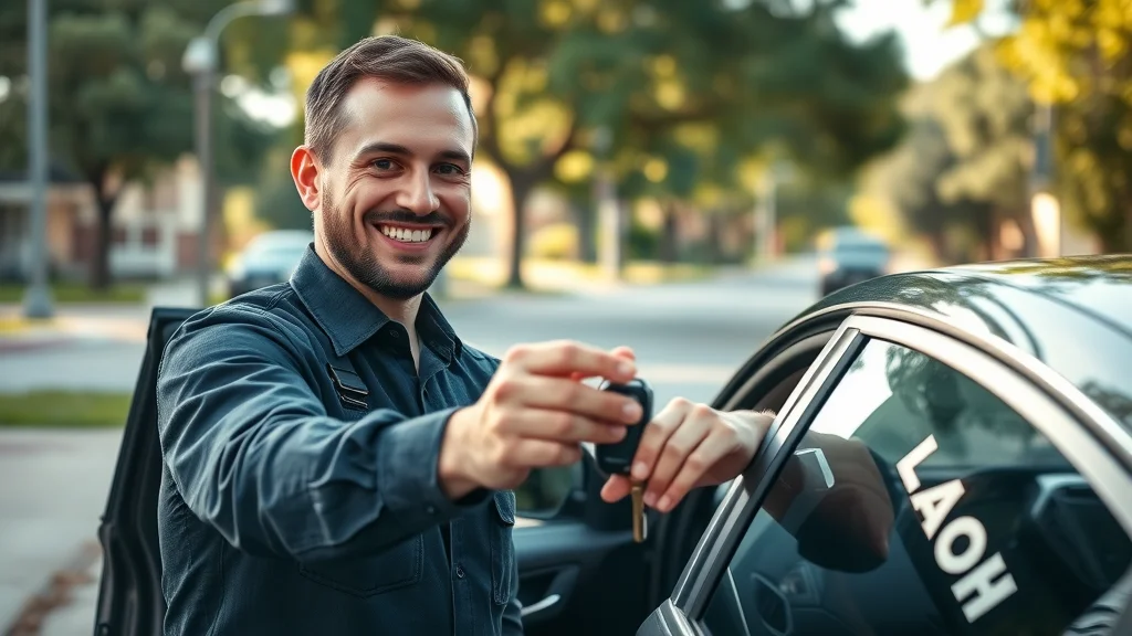 Calm emergency locksmith assists Eustis driver with car lockout, handing over car key fob in afternoon sun