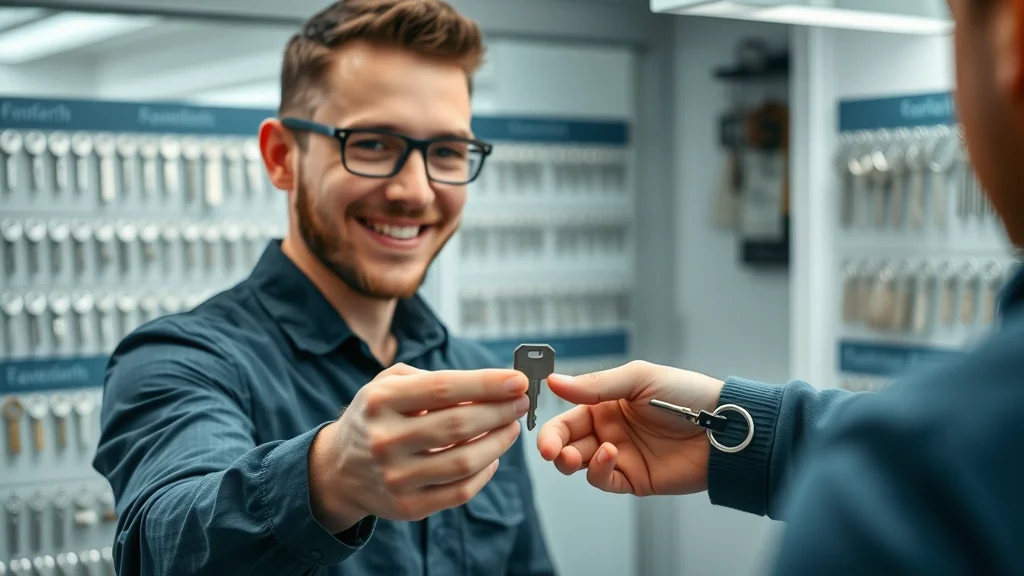 Modern key duplication kiosk in Eustis, photorealistic locksmith handing a house key to a customer, set in a clean, well-lit shop with metallic accents and neat key racks