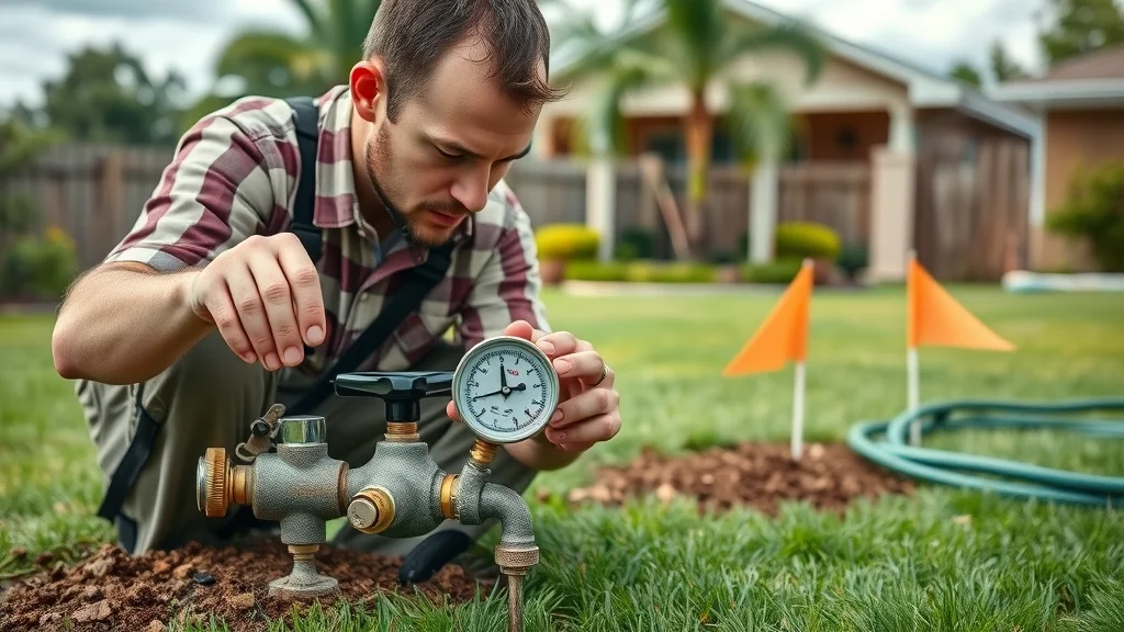 Sprinkler site assessment, technician measuring water pressure with gauge in Eustis FL backyard, marker flags on grass, photorealistic, no disfigured features