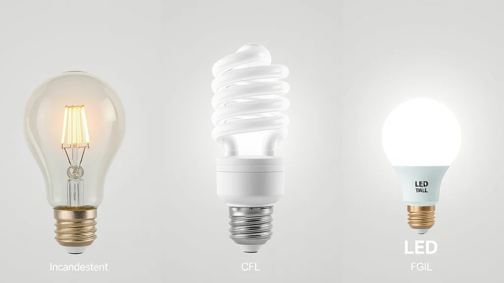 Side-by-side comparison of incandescent, CFL, and LED bulbs in use, each shown with watts, light levels, and utility cost symbols to illustrate sustainable lighting differences.