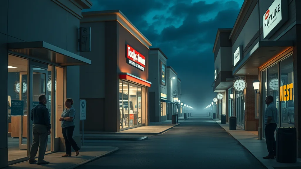 commercial locksmith Eustis secured storefronts in Eustis commercial district with secure locks, evening lighting, vigilant business owners, Florida architecture
