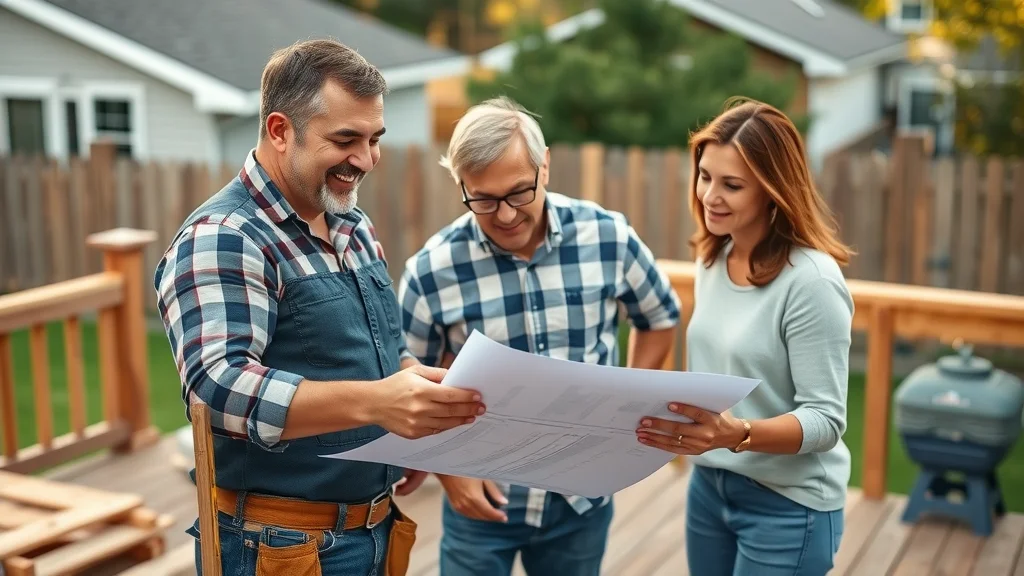 Professional deck builder in Eustis consulting with family, blueprints and decking samples visible, collaborative planning.