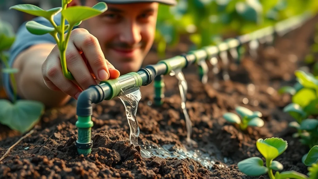 Close-up of technician adjusting a drip irrigation system, showing efficient water delivery to plant roots for water conservation