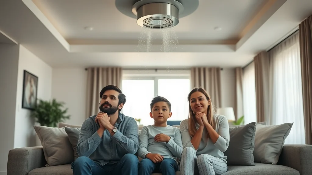Residential living room with family glancing at an overhead fire sprinkler, relieved after installation, modern setting with ceiling-mounted sprinkler system, gentle water mist visible.