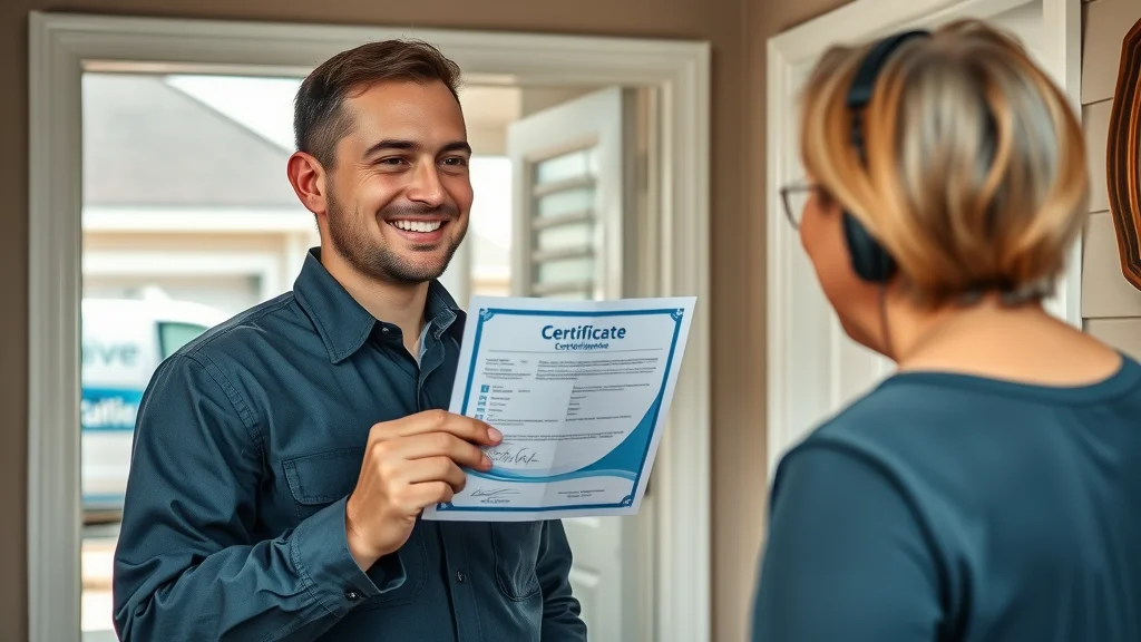 Reputable air duct cleaning technician presenting professional credentials to a satisfied homeowner