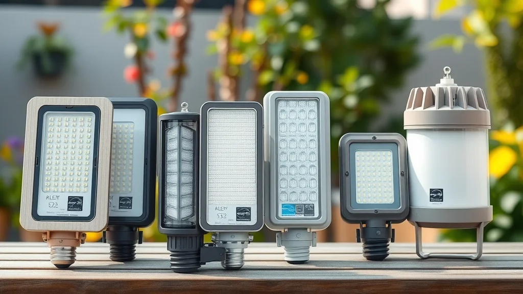 Modern, durable outdoor LED lighting fixtures displayed side-by-side, neutral informative arrangement, photorealistic details, LED lamps with Energy Star labels, rugged designs, crisp metallic and plastic textures, blurred garden background, 50mm lens.