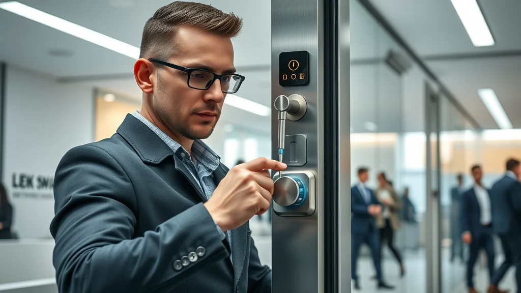 Modern commercial locksmith installs smart lock on Eustis business office door for enhanced security