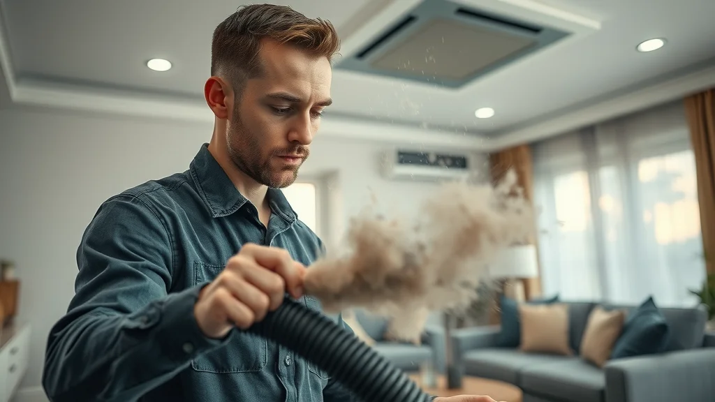 Professional duct cleaning being performed in modern living room, technician using vacuum to improve energy efficiency and vent cleaning results