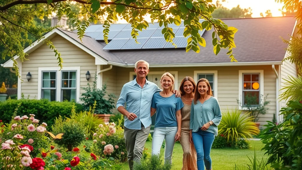 Eco-friendly Eustis home and family in green garden, admiring photovoltaic solar panels on the roof.