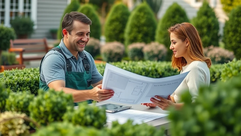 Consultation with a lawn care pro in Eustis - professional and homeowner reviewing garden plans in an outdoor setting with blueprints and hedges