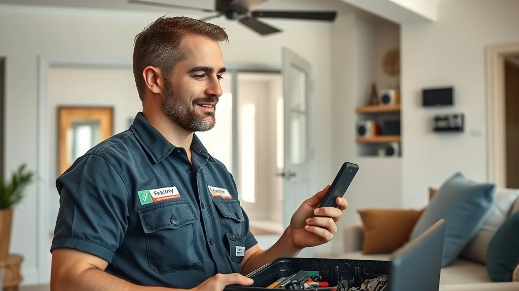 Professional installer sets up a new home security system panel in modern Eustis living area — open toolbox, visible smart devices, branded uniform, photorealistic details.