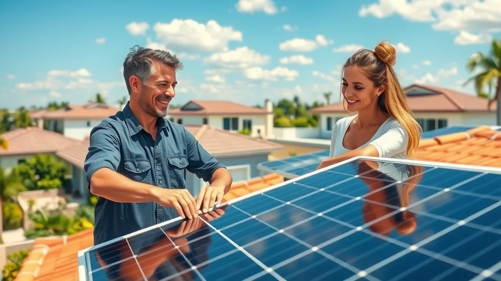 Homeowners in Eustis smiling beside modern solar panels on their roofs, illustrating solar panel installation Eustis in a sunny Florida suburb.