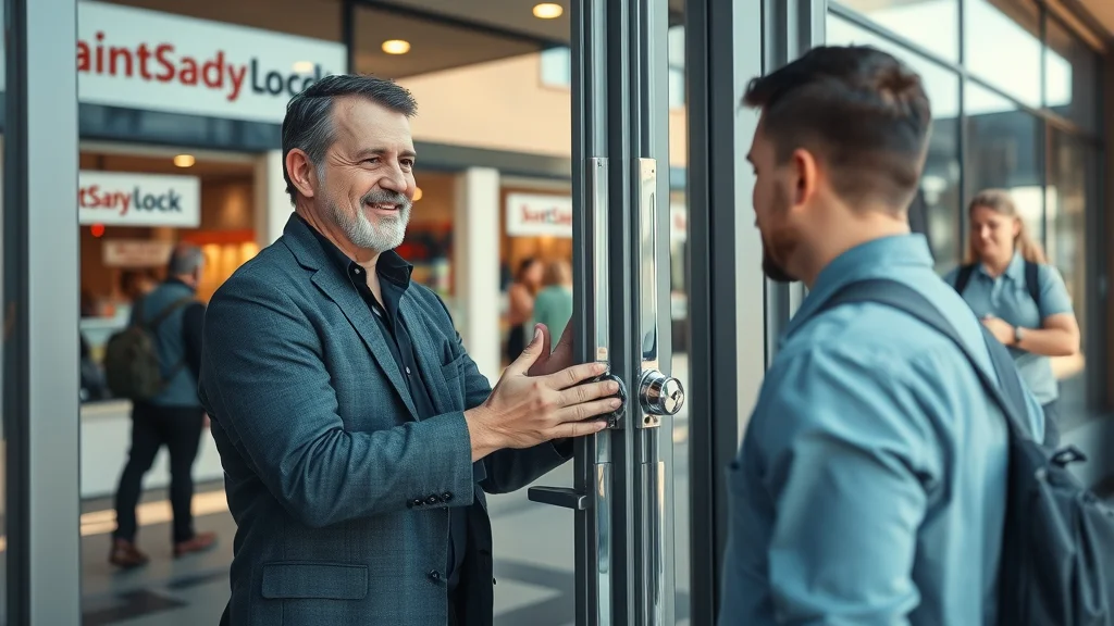 commercial lock installation Eustis FL locksmith adjusting storefront lock glass door business owner downtown