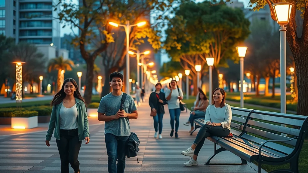 Vibrant cityscape illuminated by solar-powered street lights at dusk with solar panel lighting systems, modern lighting solution, photorealistic city environment, glowing pathways, and gentle breeze.