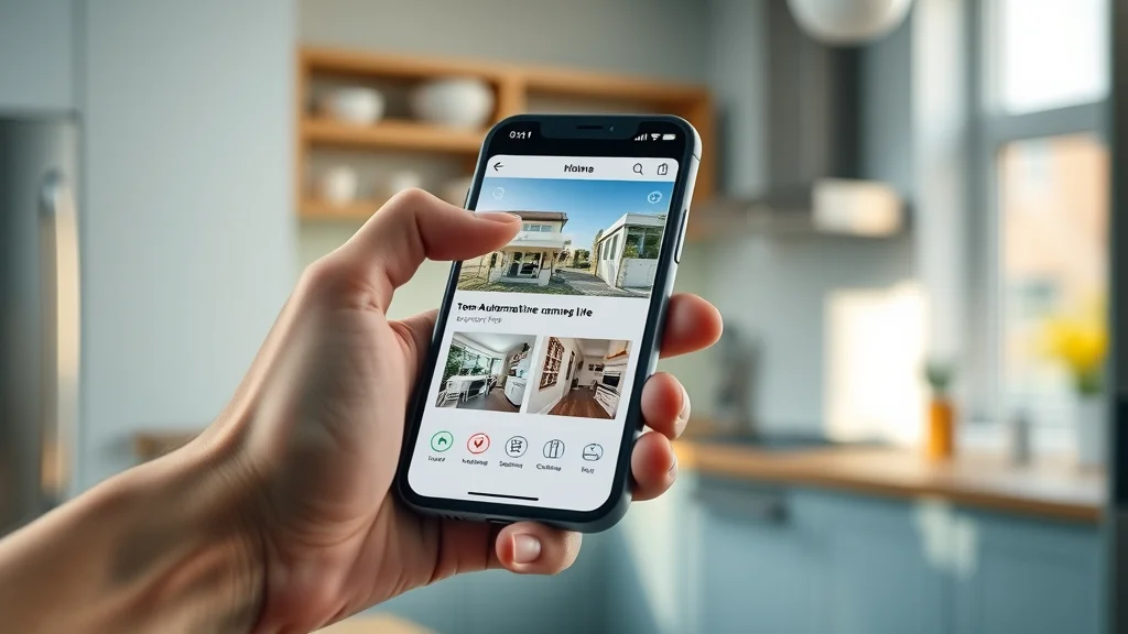 Close-up of smartphone showing Eustis home automation app with live camera feed, smart alerts, and security system controls in a modern Eustis FL kitchen.