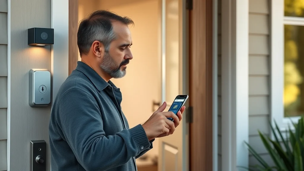 Homeowner using a smart lock and wall-mounted smart home hub Eustis device at a modern Florida front door, with security camera and sensors, highlighting advanced home security system integration
