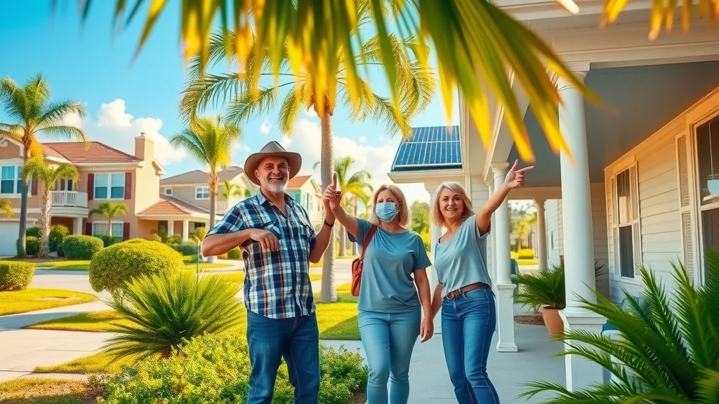 Eustis homeowners discussing solar energy eustis on their sunlit Florida porch with rooftop solar panels and lush greenery