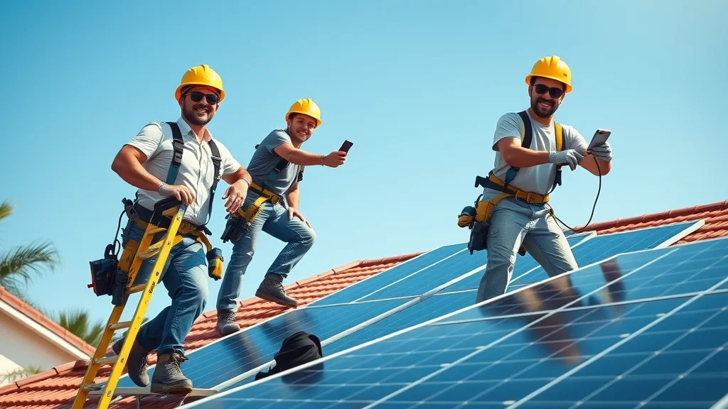 Friendly professional installers working on residential solar panel installation in sunny Eustis neighborhood