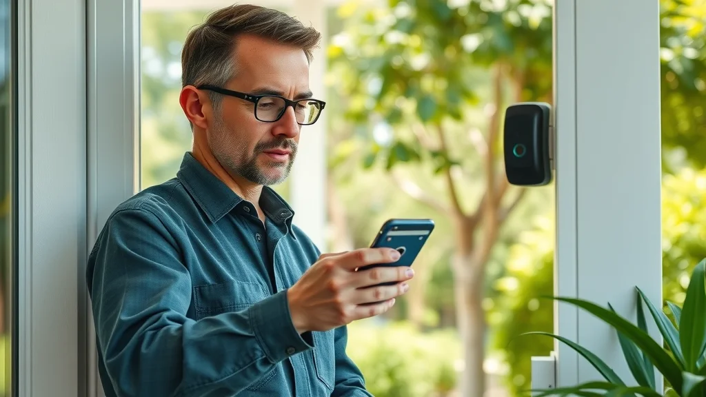 Technician syncing smart home security camera and doorbell camera using a smartphone at a sunny Eustis porch, demonstrating camera system integration and mobile app control