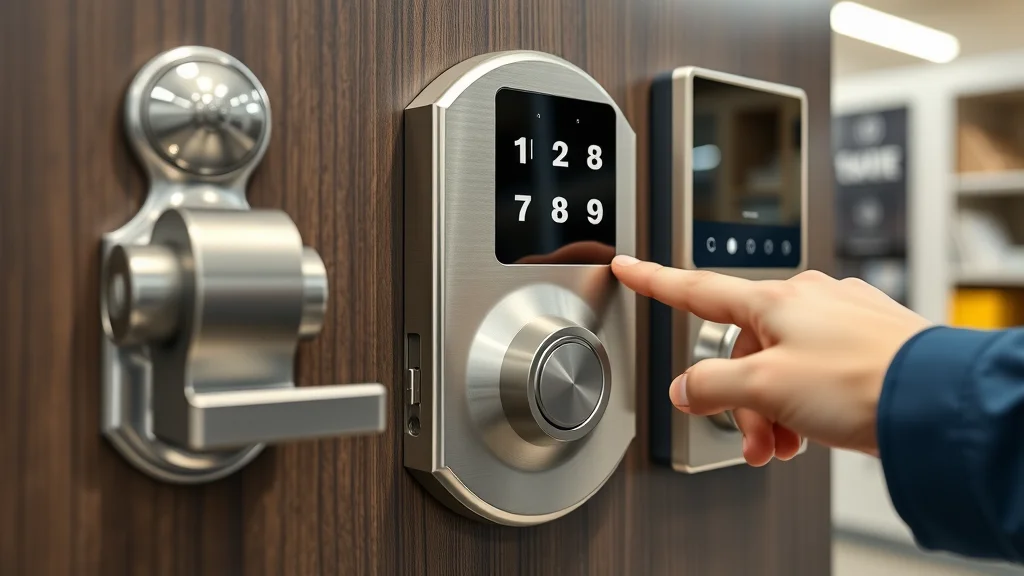 Commercial locksmith Eustis high-tech locks, traditional deadbolt, smart lock panel, electronic lock display, sharp metallic textures, security-focused environment