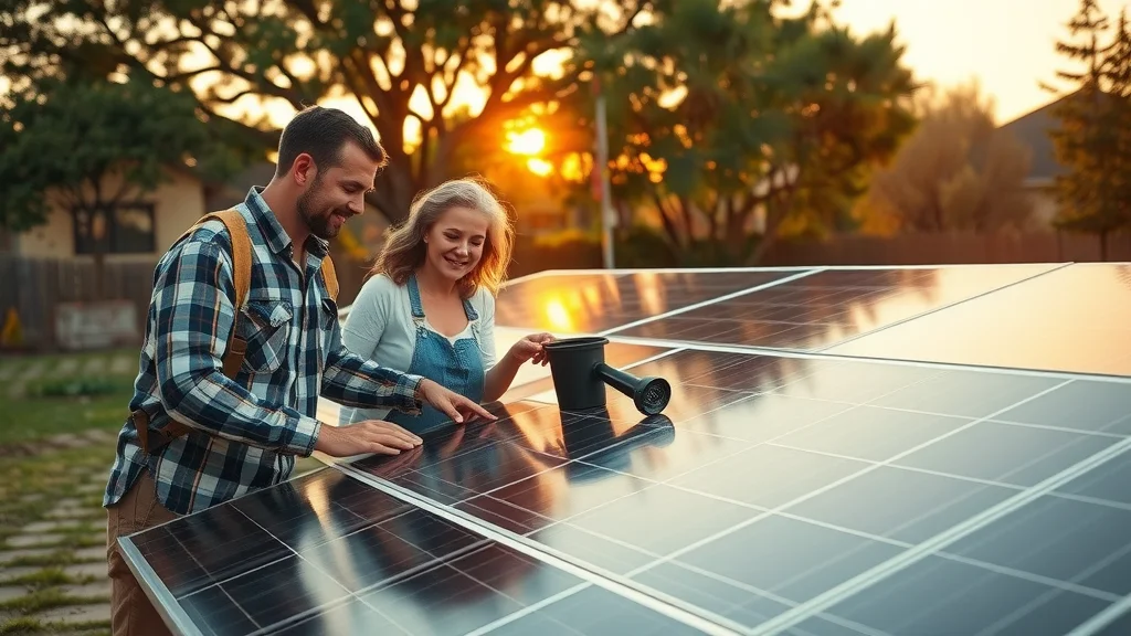 Well-maintained solar panels in Eustis, multi-generation family checking clean panels in sunset yard, crisp surfaces, aging details, golds and greens, soft backlighting.